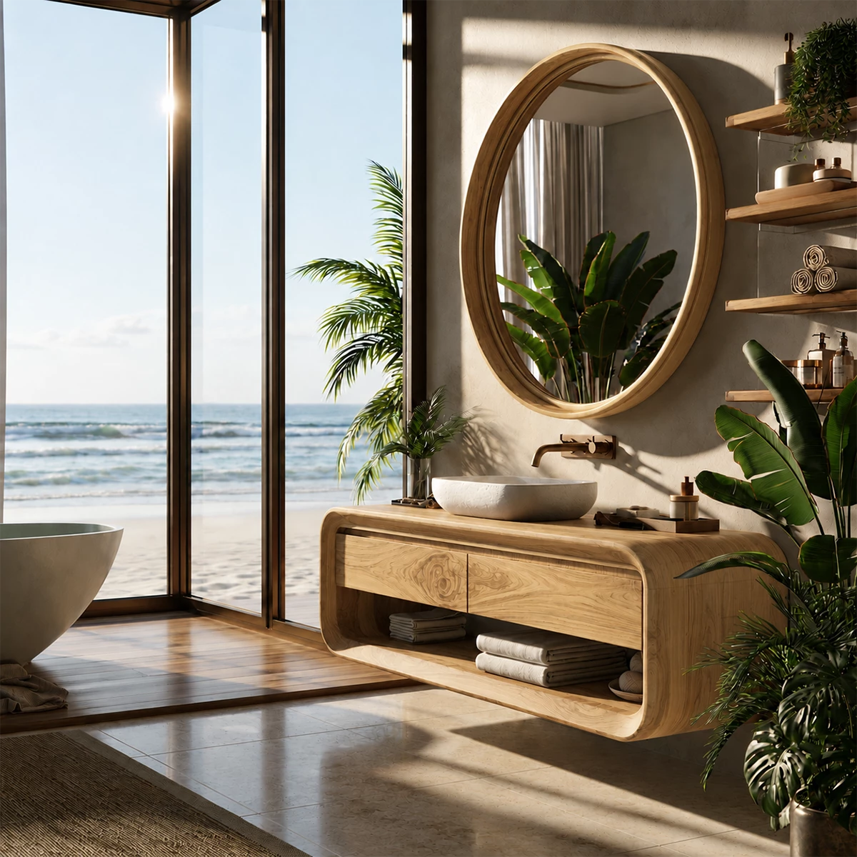 Organic Floating Bathroom Vanity With Rounded Wood Frame & Open Storage