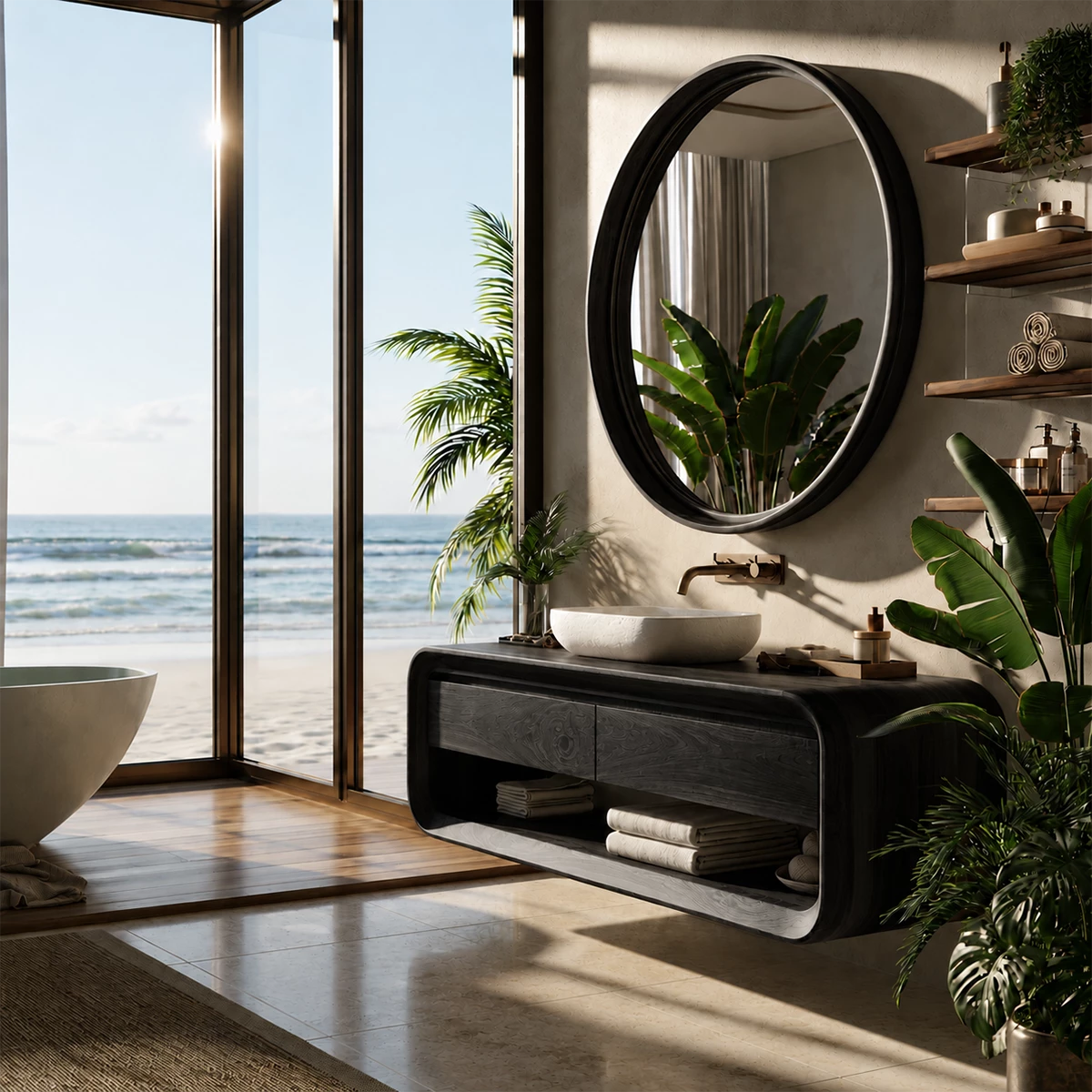 Organic Floating Bathroom Vanity With Rounded Wood Frame & Open Storage