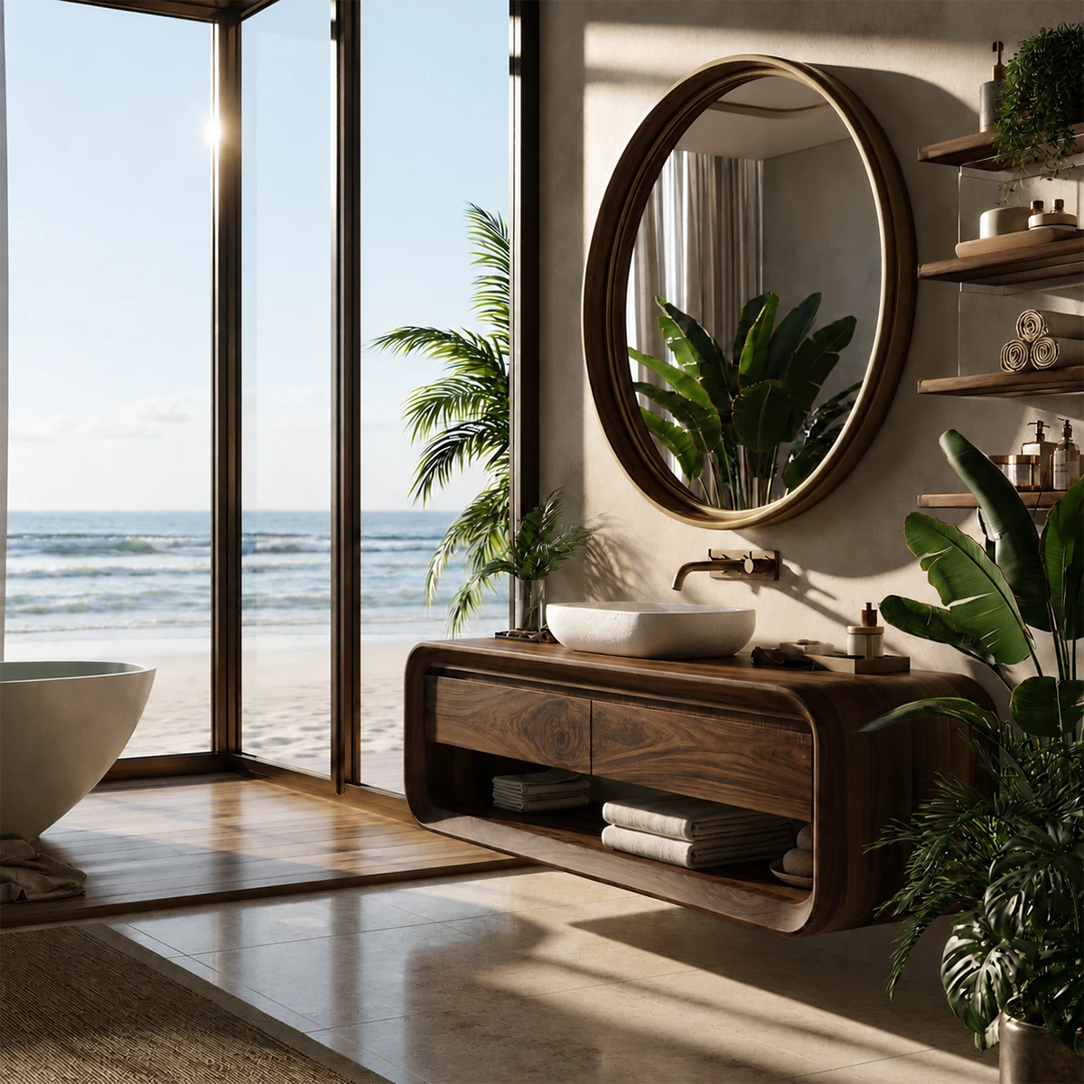 Organic Floating Bathroom Vanity With Rounded Wood Frame & Open Storage