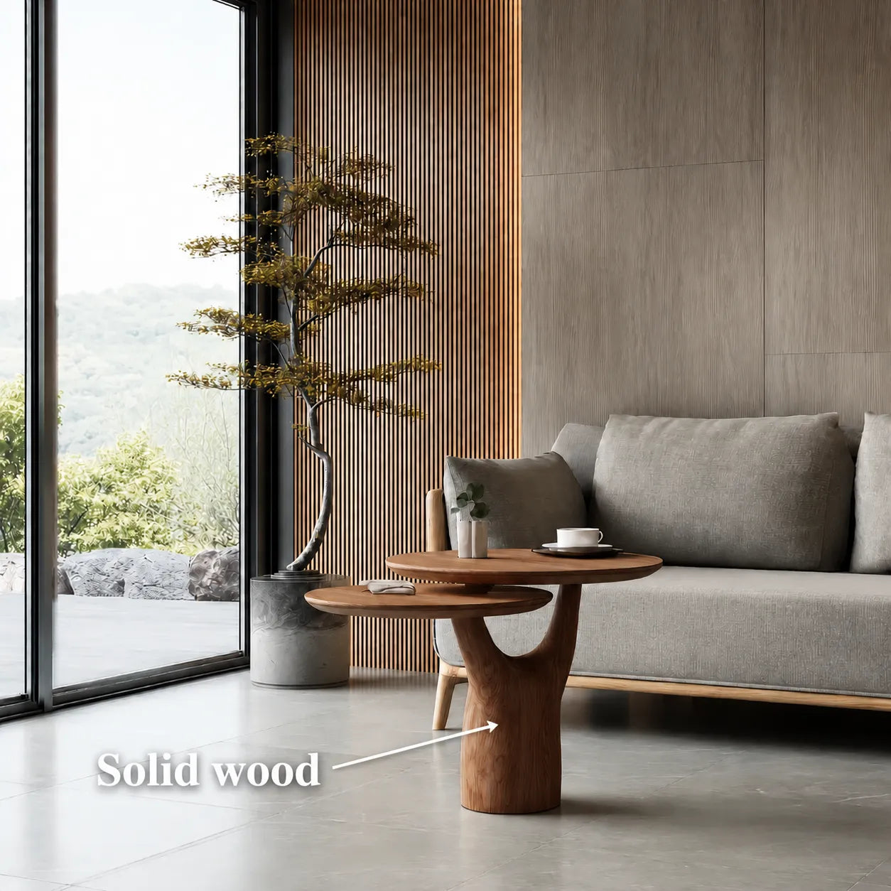 Tiered Natural Solid Wood Coffee Table with Sculptural Pedestal Base