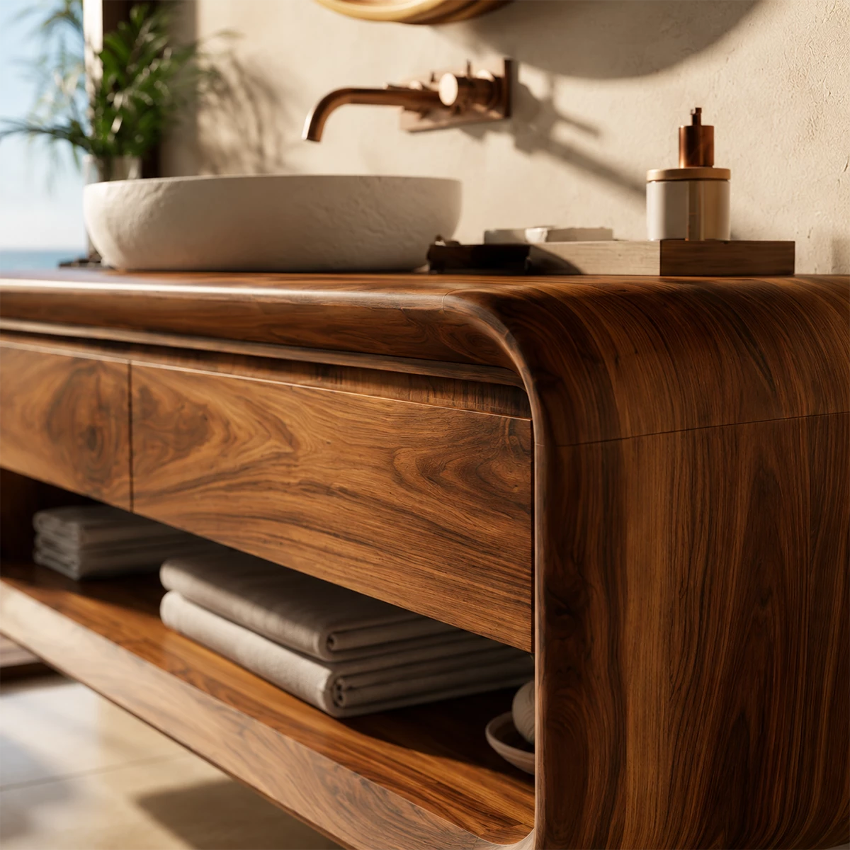 Organic Floating Bathroom Vanity With Rounded Wood Frame & Open Storage