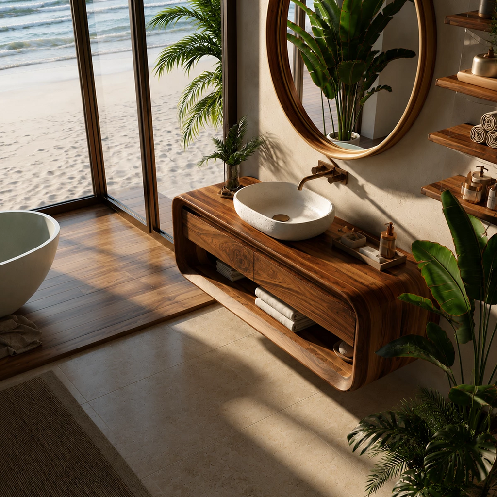 Organic Floating Bathroom Vanity With Rounded Wood Frame & Open Storage