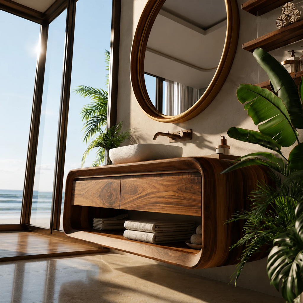 Organic Floating Bathroom Vanity With Rounded Wood Frame & Open Storage