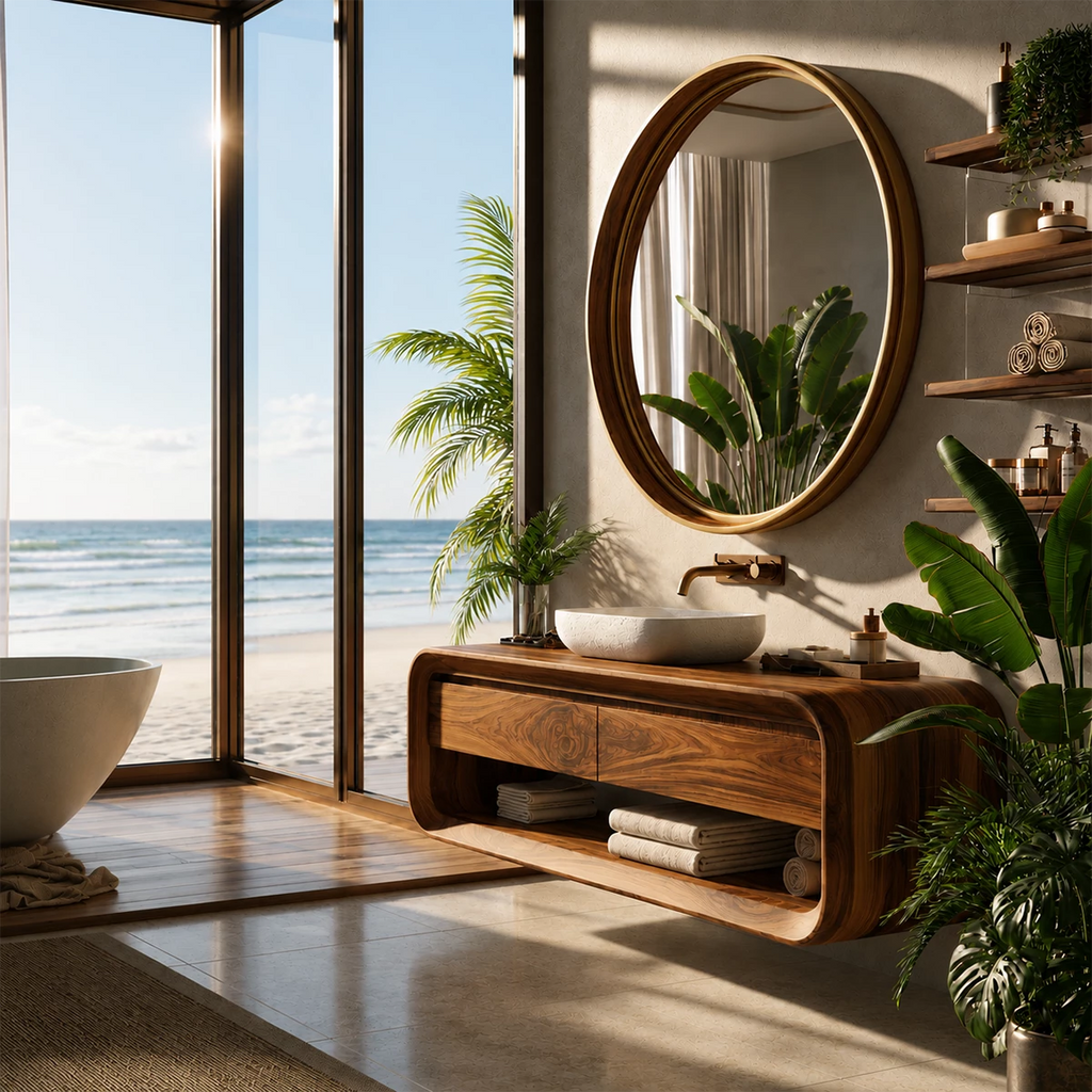 Organic Floating Bathroom Vanity With Rounded Wood Frame & Open Storage