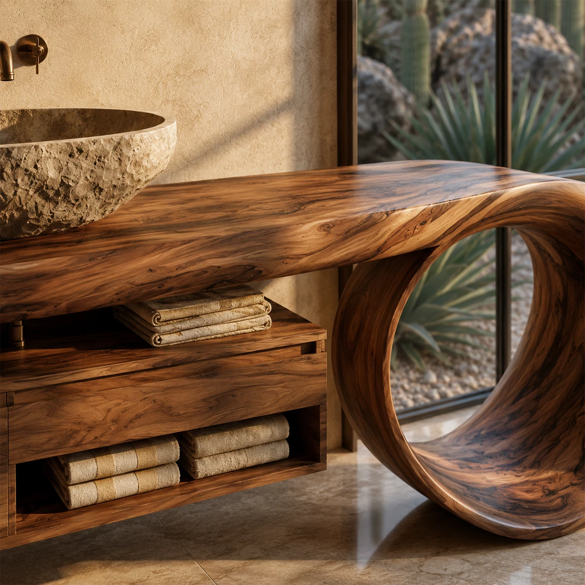 Organic Floating Bathroom Vanity With Live Edge Wood Top & Sculptural Loop Base