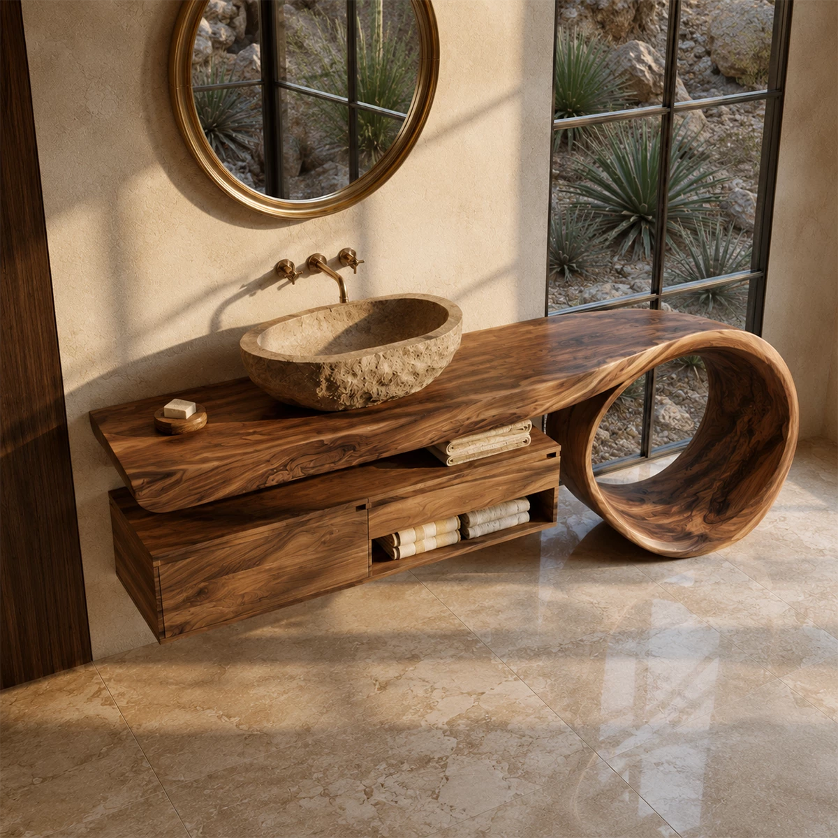 Organic Floating Bathroom Vanity With Live Edge Wood Top & Sculptural Loop Base