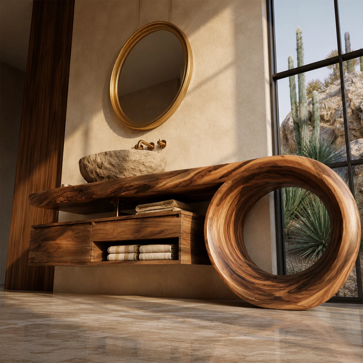 Organic Floating Bathroom Vanity With Live Edge Wood Top & Sculptural Loop Base