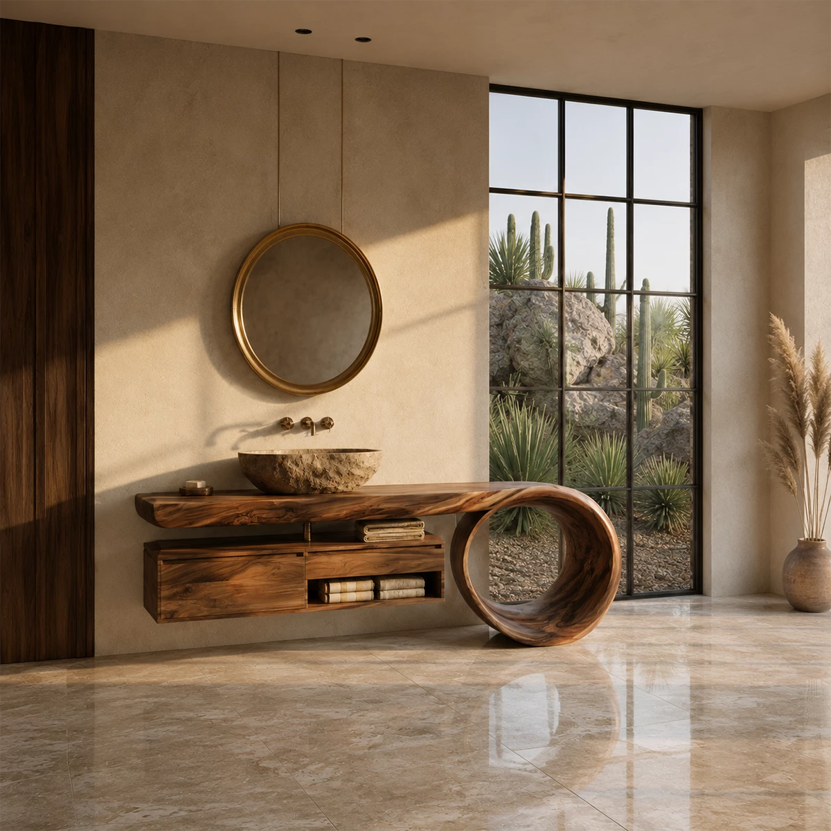 Organic Floating Bathroom Vanity With Live Edge Wood Top & Sculptural Loop Base