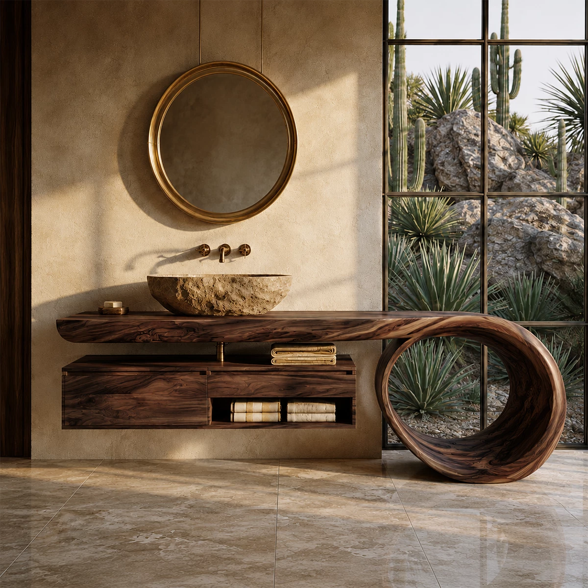 Organic Floating Bathroom Vanity With Live Edge Wood Top & Sculptural Loop Base