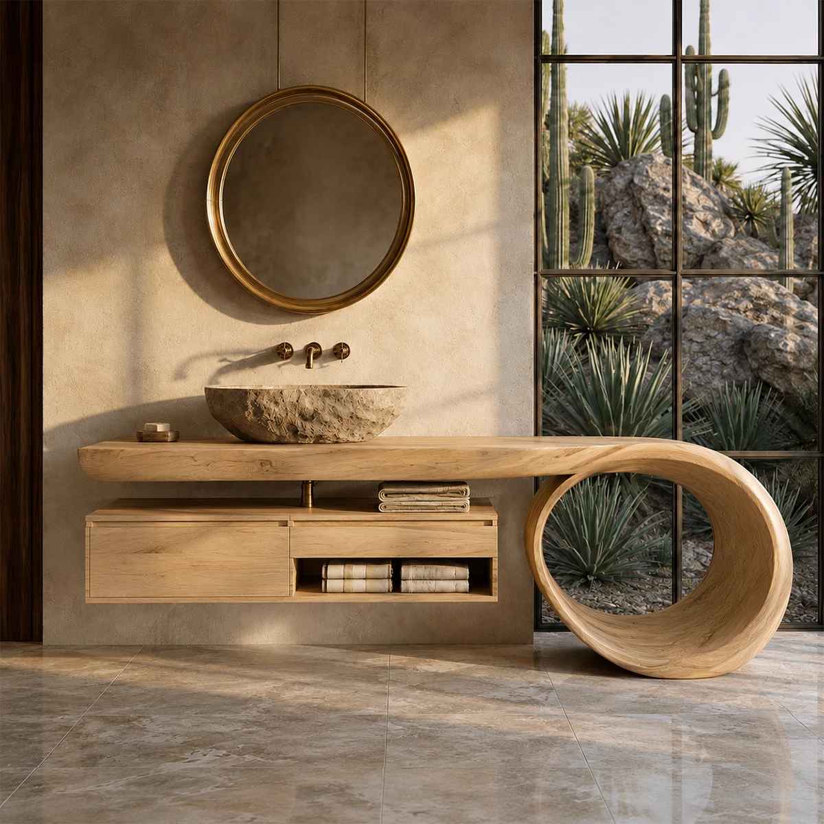 Organic Floating Bathroom Vanity With Live Edge Wood Top & Sculptural Loop Base