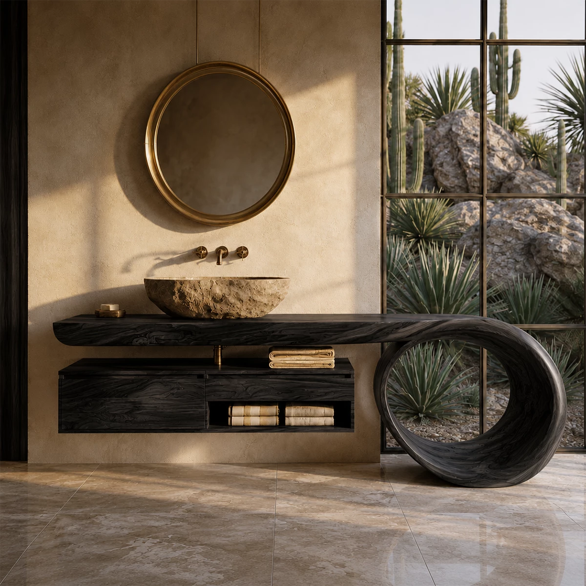 Organic Floating Bathroom Vanity With Live Edge Wood Top & Sculptural Loop Base