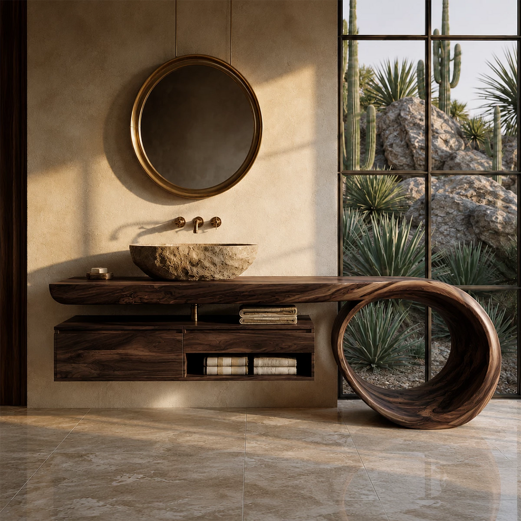 Organic Floating Bathroom Vanity With Live Edge Wood Top & Sculptural Loop Base