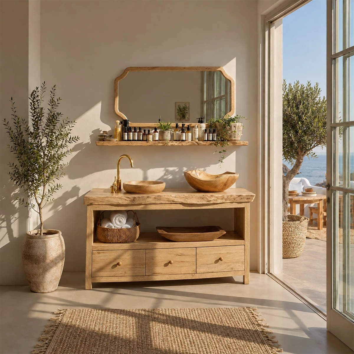 Natural Wood Bathroom Vanity With Double Vessel Sinks & Open Storage