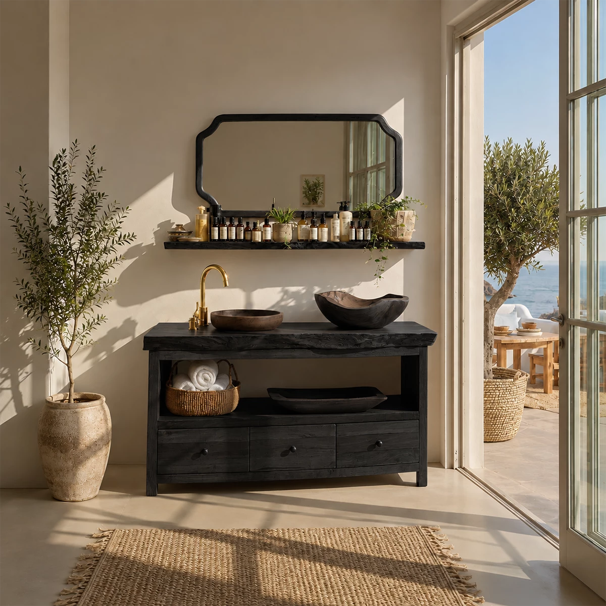 Natural Wood Bathroom Vanity With Double Vessel Sinks & Open Storage