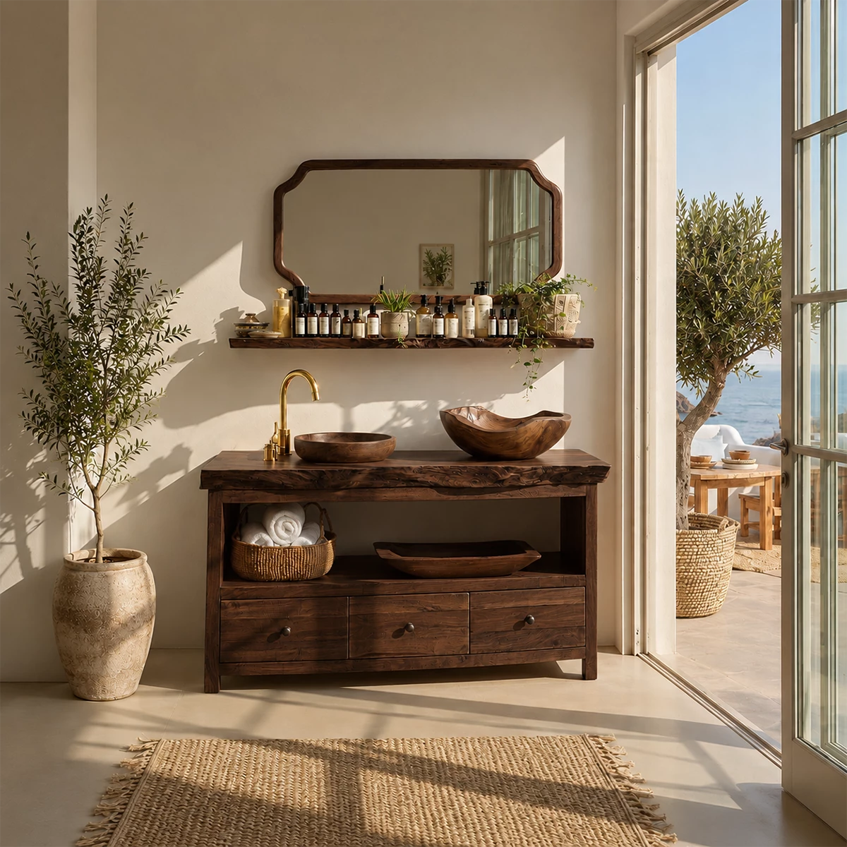 Natural Wood Bathroom Vanity With Double Vessel Sinks & Open Storage