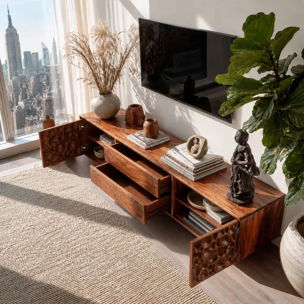 Carved Natural Solid Wood TV Stand with Sculptural Drawer Fronts