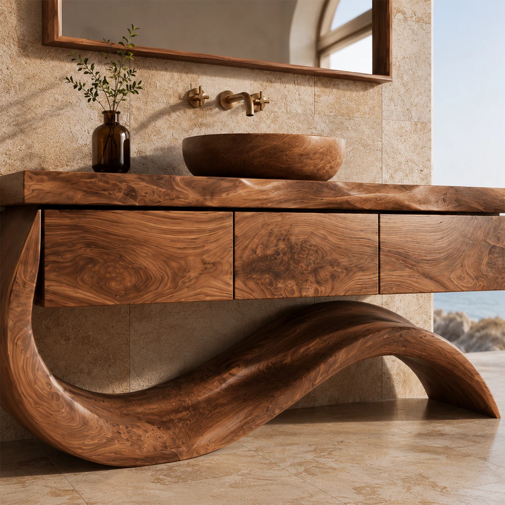 Organic Solid Wood Bathroom Vanity With Wave Sculptural Base