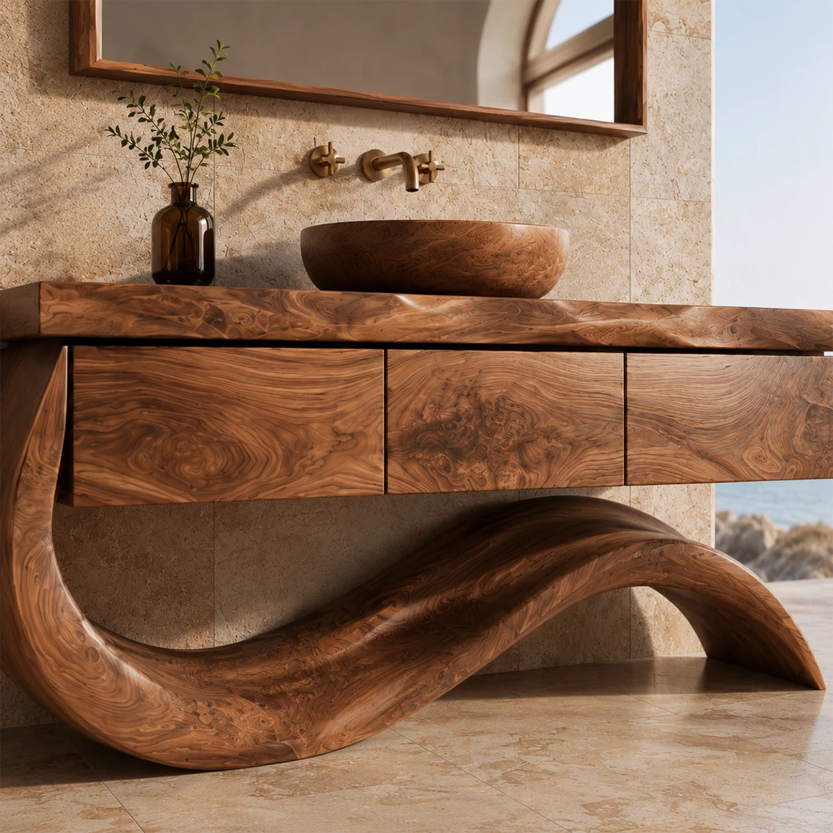 Organic Solid Wood Bathroom Vanity With Wave Sculptural Base