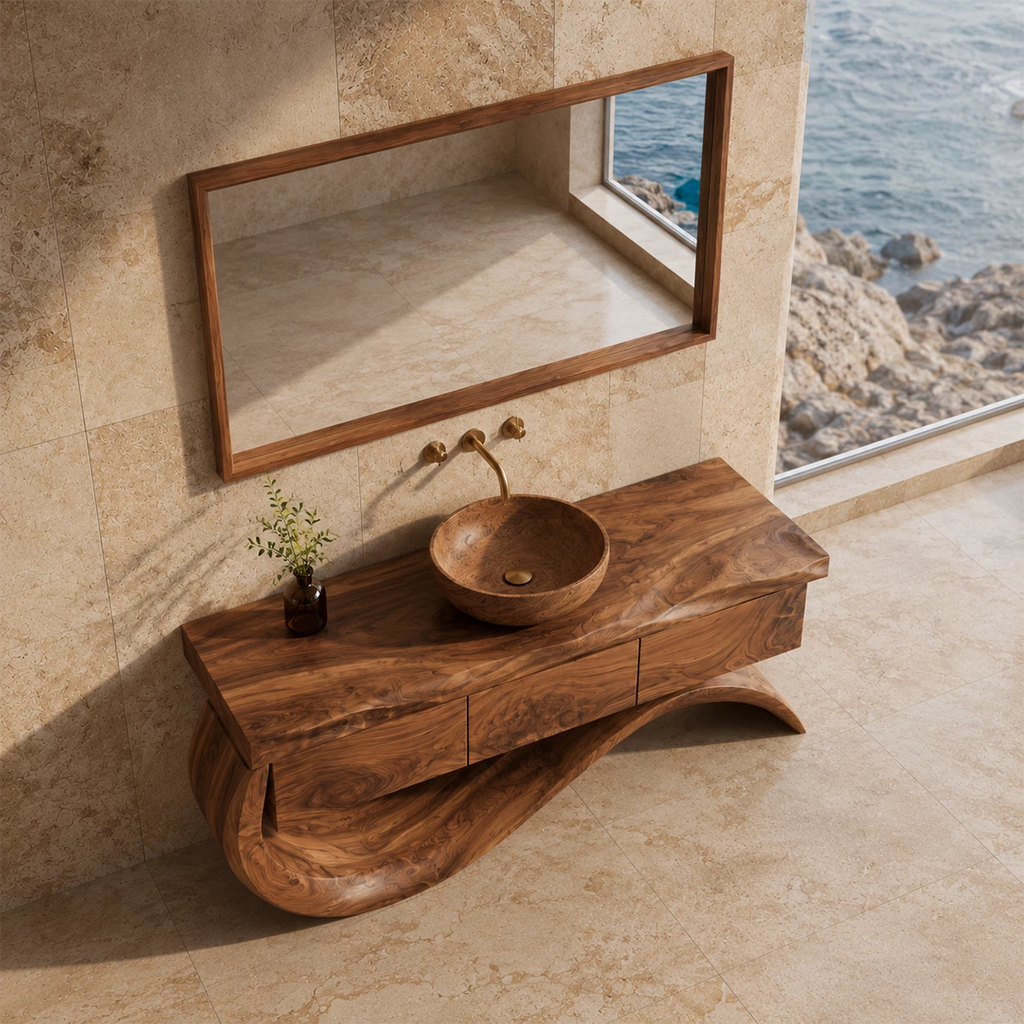 Organic Solid Wood Bathroom Vanity With Wave Sculptural Base