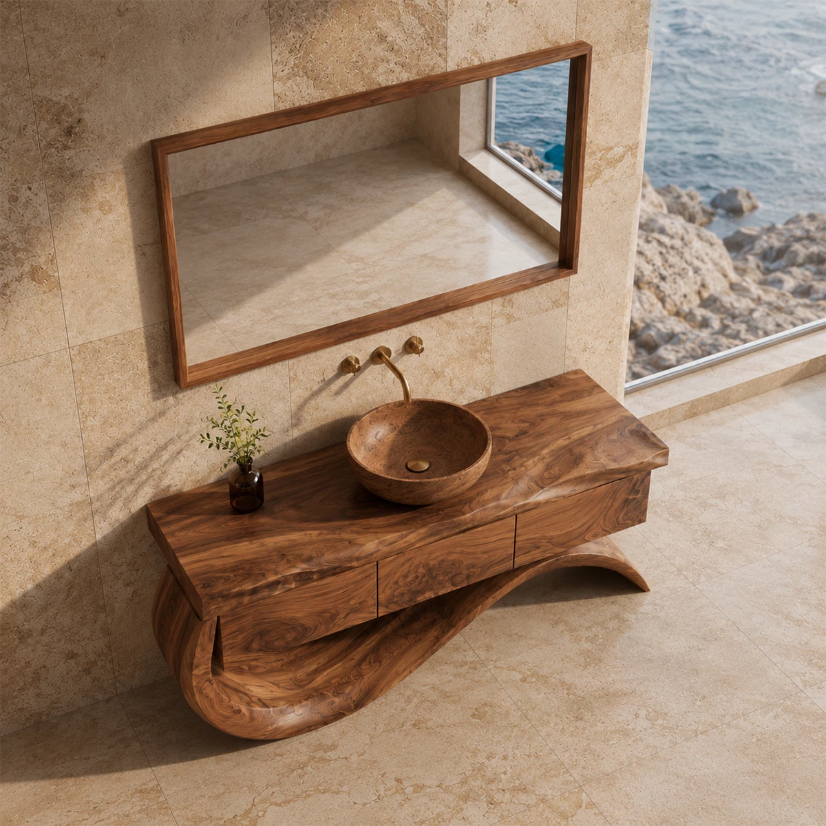 Organic Solid Wood Bathroom Vanity With Wave Sculptural Base