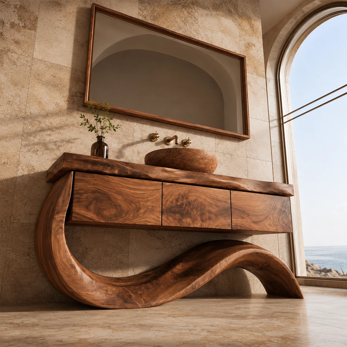 Organic Solid Wood Bathroom Vanity With Wave Sculptural Base