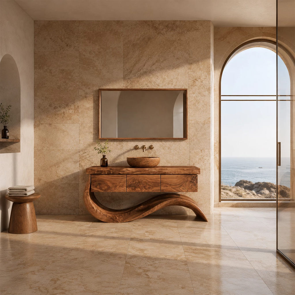 Organic Solid Wood Bathroom Vanity With Wave Sculptural Base