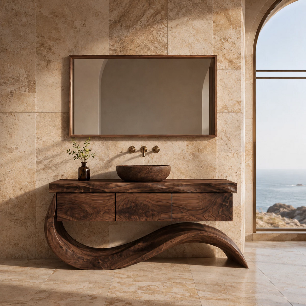 Organic Solid Wood Bathroom Vanity With Wave Sculptural Base