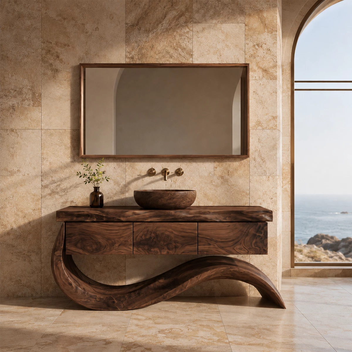 Organic Solid Wood Bathroom Vanity With Wave Sculptural Base