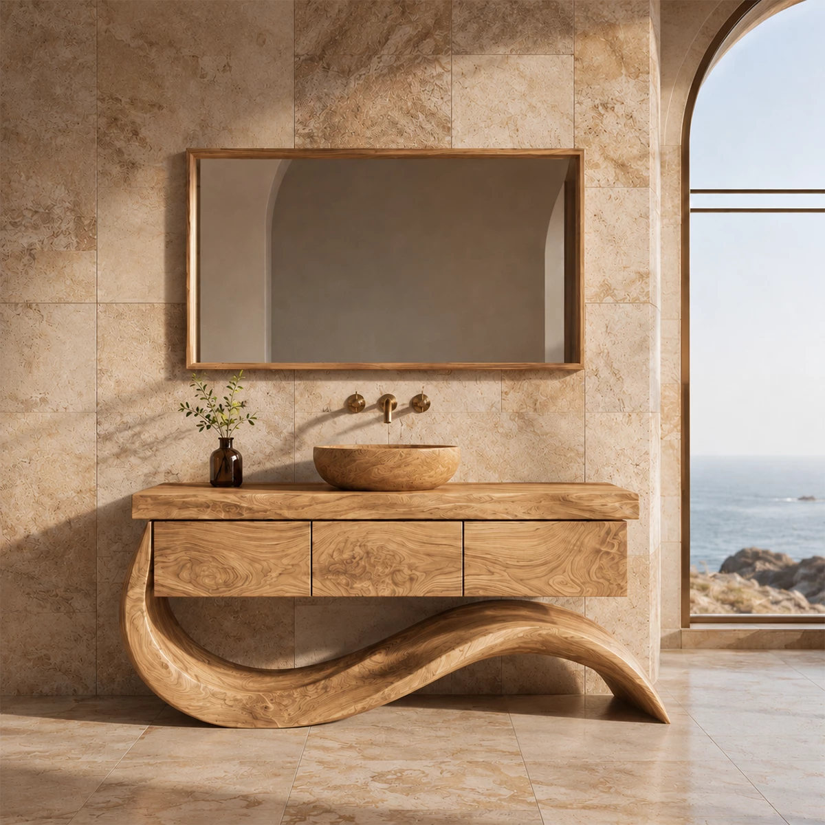 Organic Solid Wood Bathroom Vanity With Wave Sculptural Base