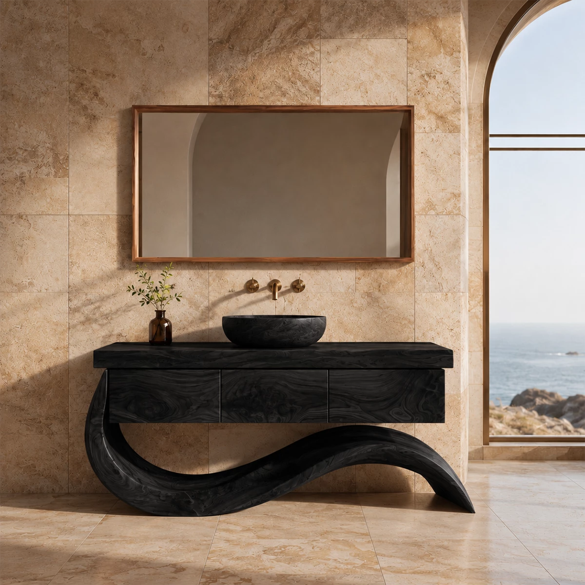 Organic Solid Wood Bathroom Vanity With Wave Sculptural Base