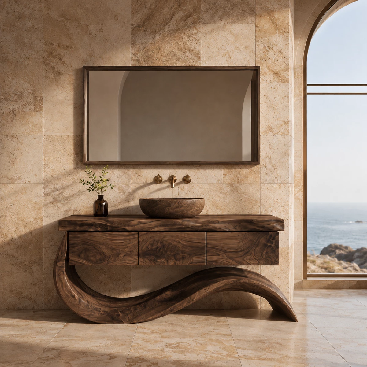 Organic Solid Wood Bathroom Vanity With Wave Sculptural Base