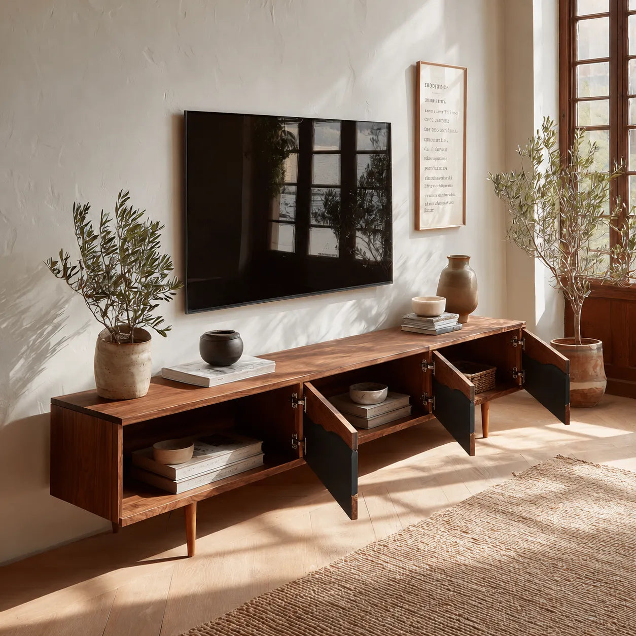 Live Edge Natural Solid Wood TV Stand with Organic Flow Front Design