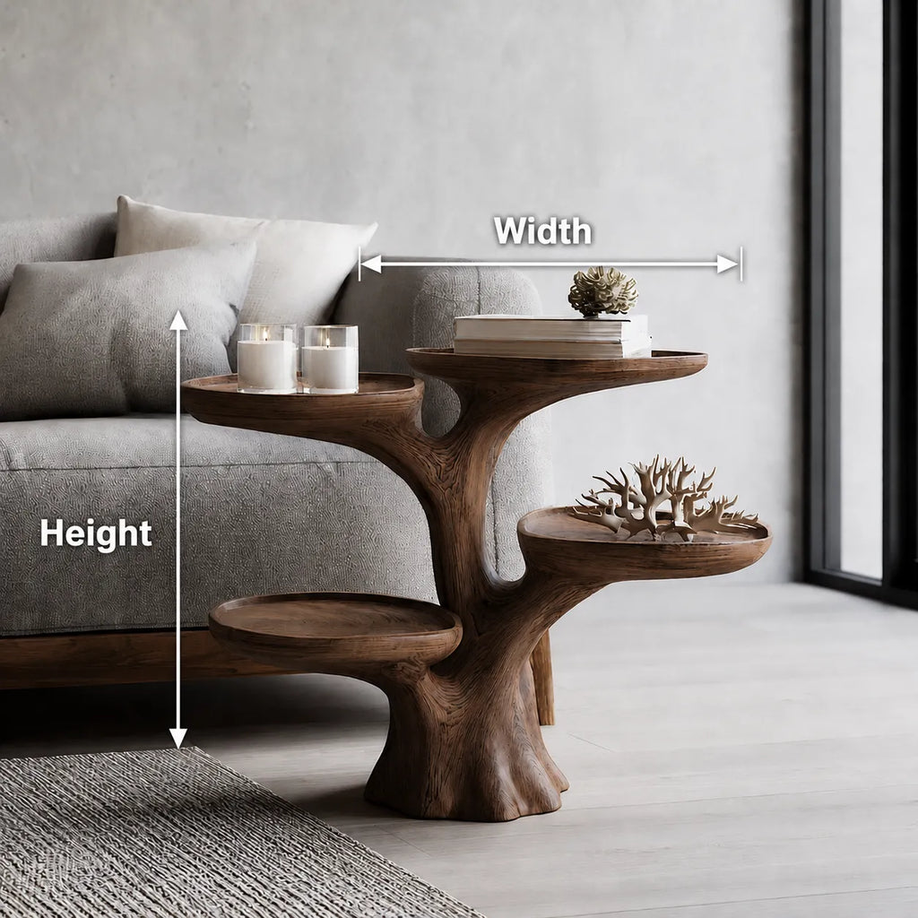 Tiered Natural Solid Wood Side Table with Sculptural Branch Base