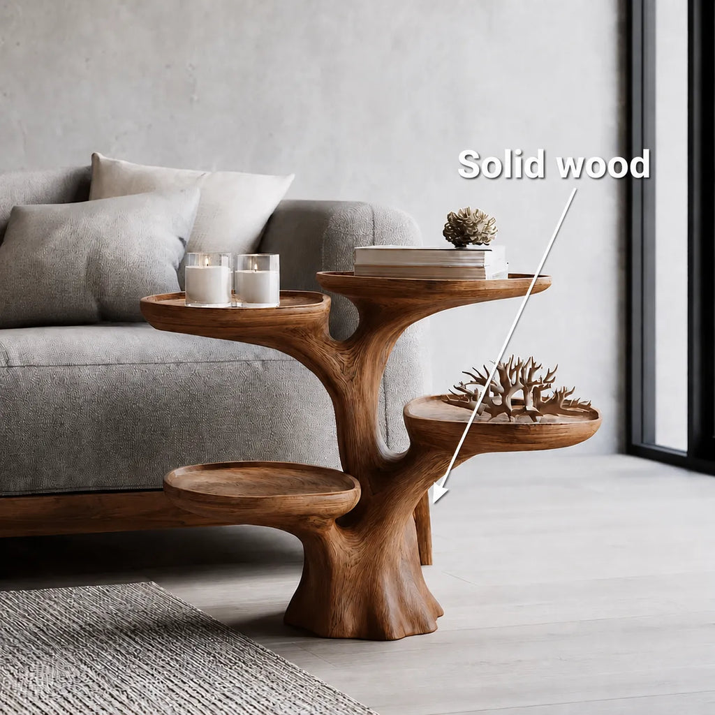 Tiered Natural Solid Wood Side Table with Sculptural Branch Base