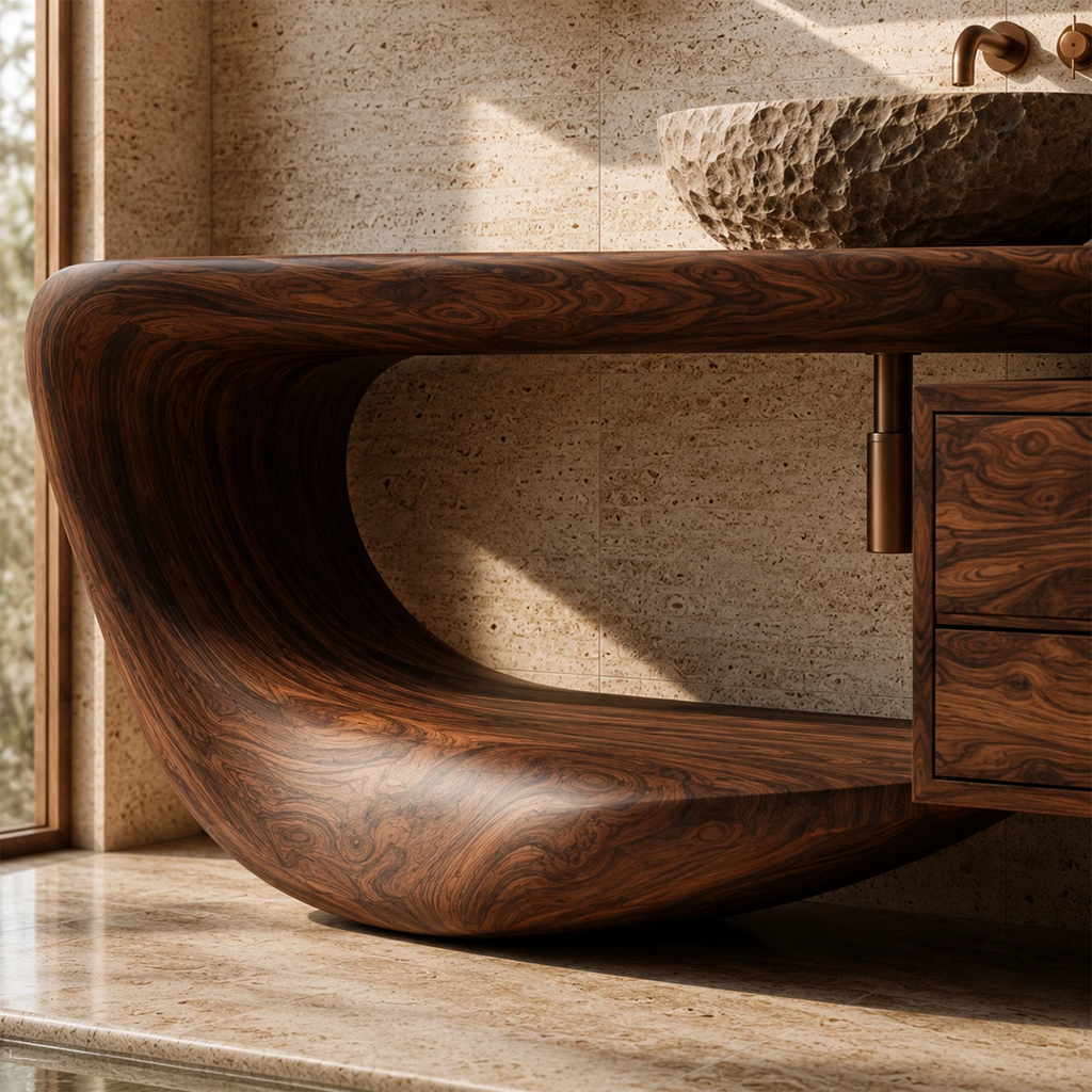 Organic Floating Bathroom Vanity With Sculptural Curved Wood Base & Wall Storage