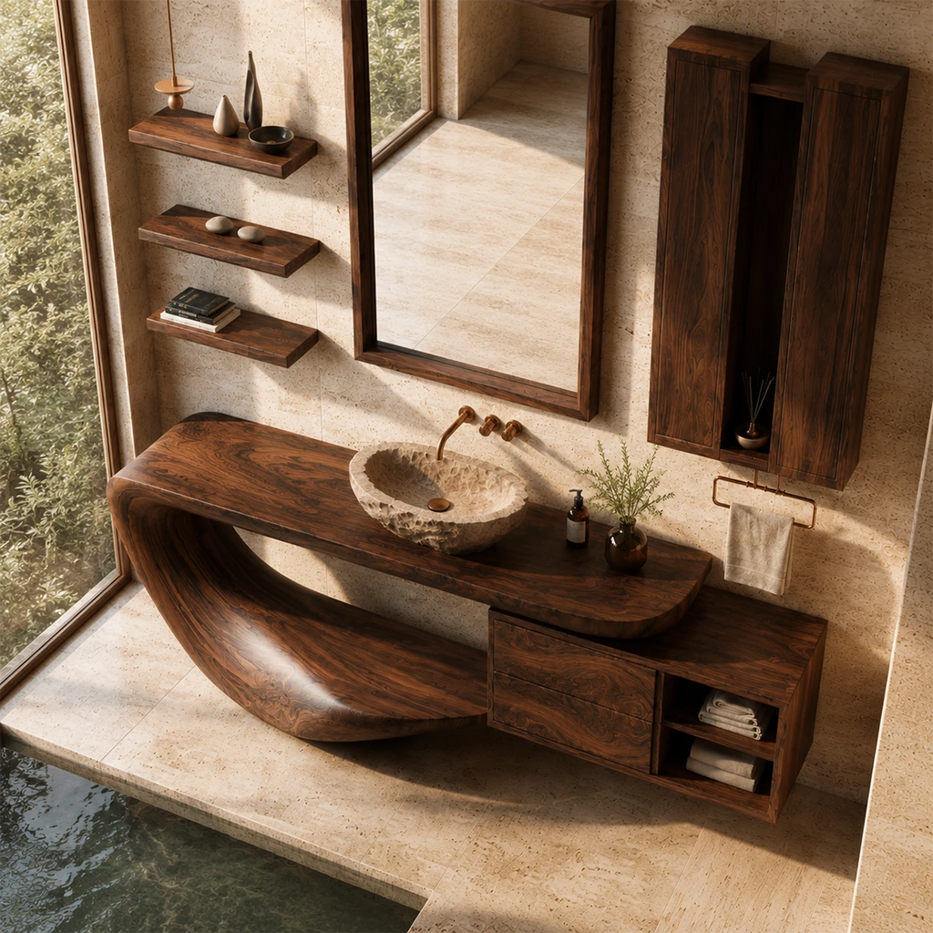 Organic Floating Bathroom Vanity With Sculptural Curved Wood Base & Wall Storage