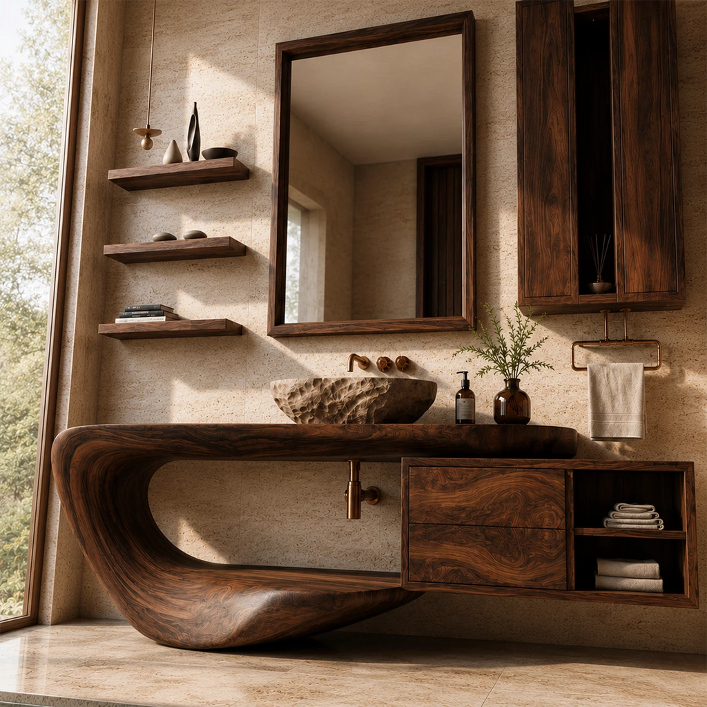 Organic Floating Bathroom Vanity With Sculptural Curved Wood Base & Wall Storage