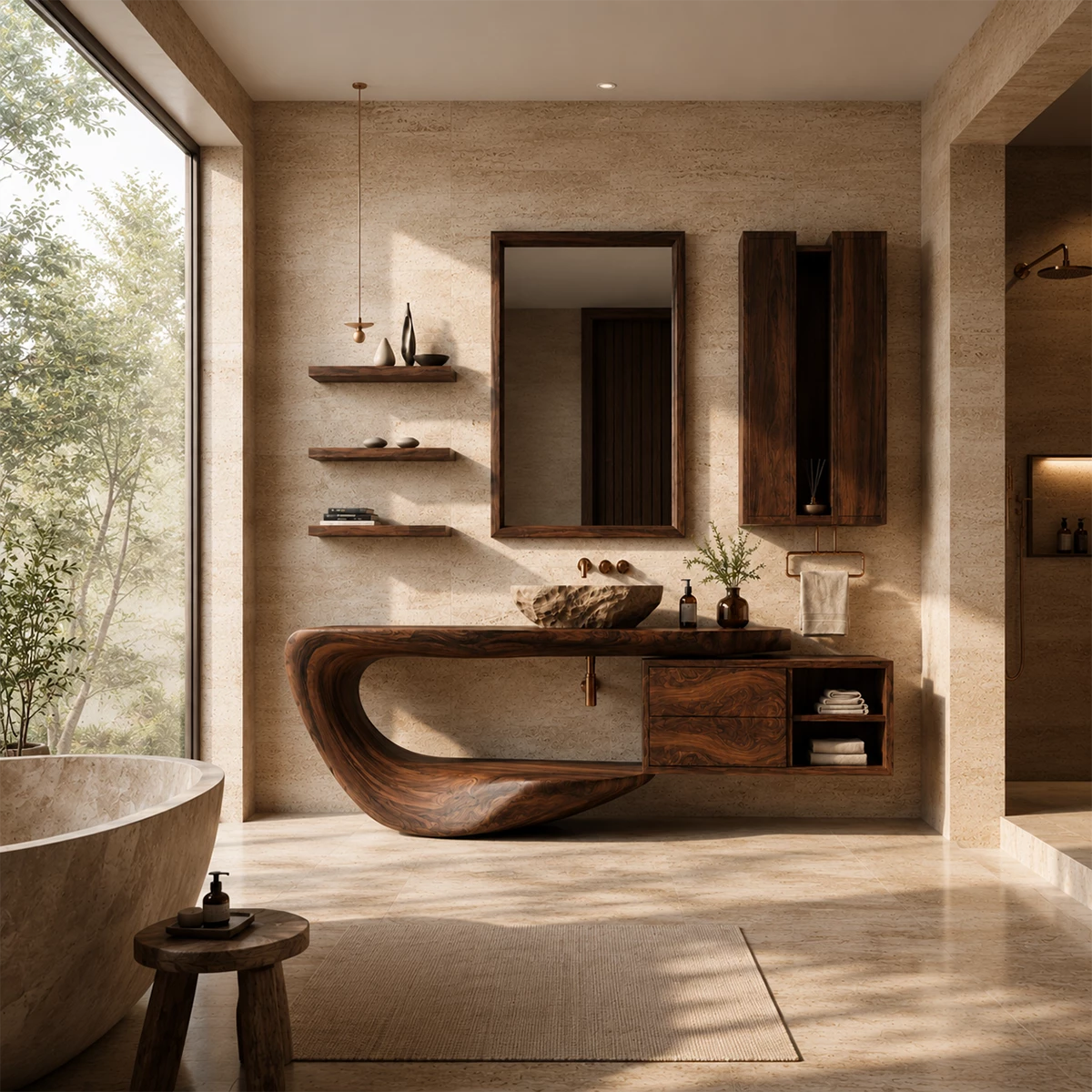 Organic Floating Bathroom Vanity With Sculptural Curved Wood Base & Wall Storage
