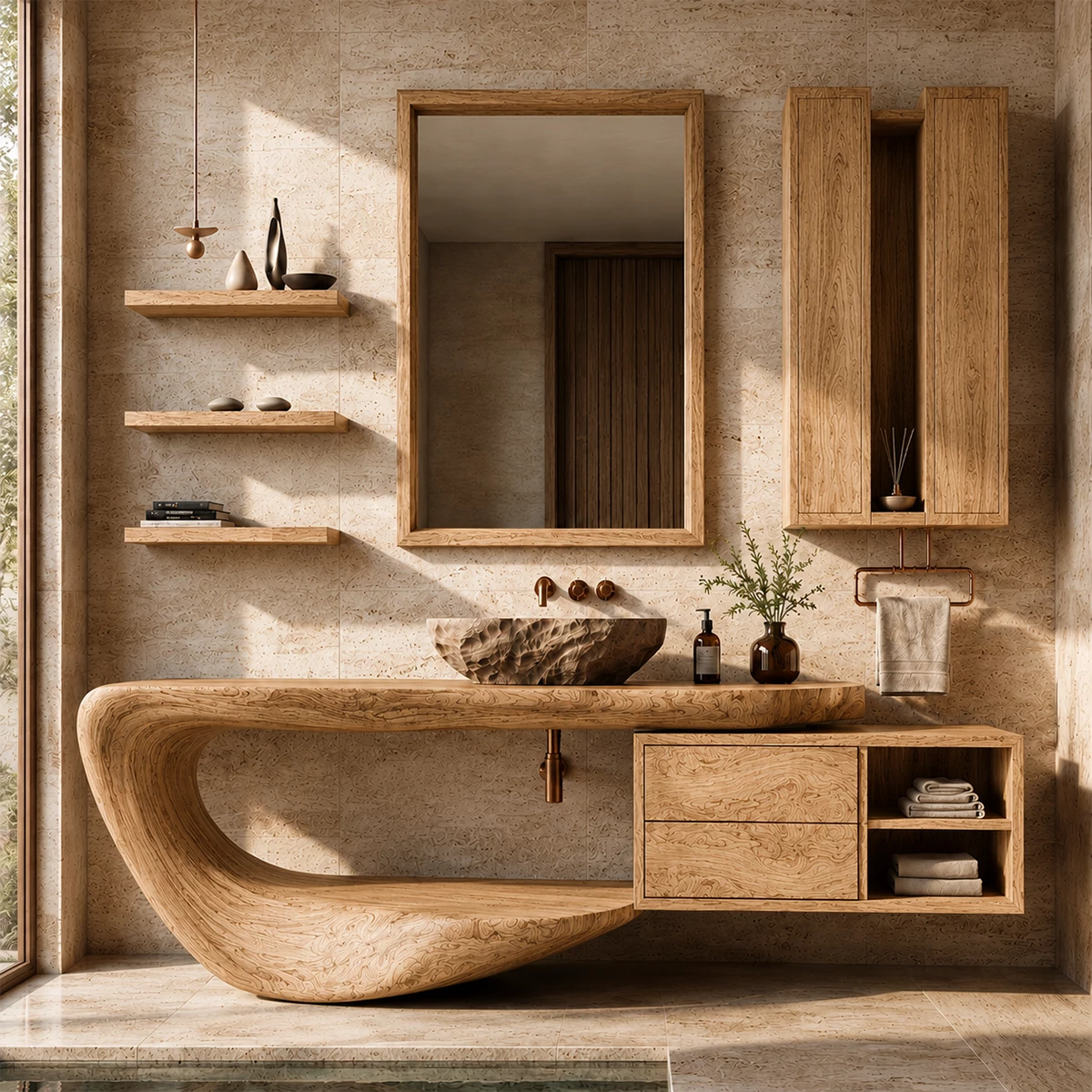 Organic Floating Bathroom Vanity With Sculptural Curved Wood Base & Wall Storage