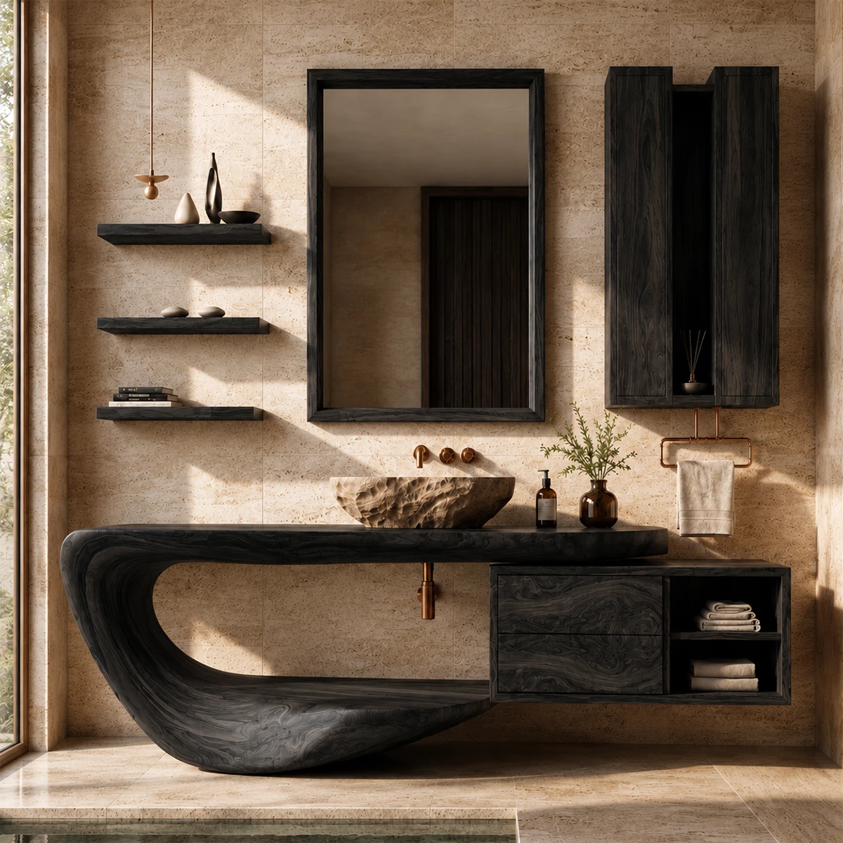 Organic Floating Bathroom Vanity With Sculptural Curved Wood Base & Wall Storage