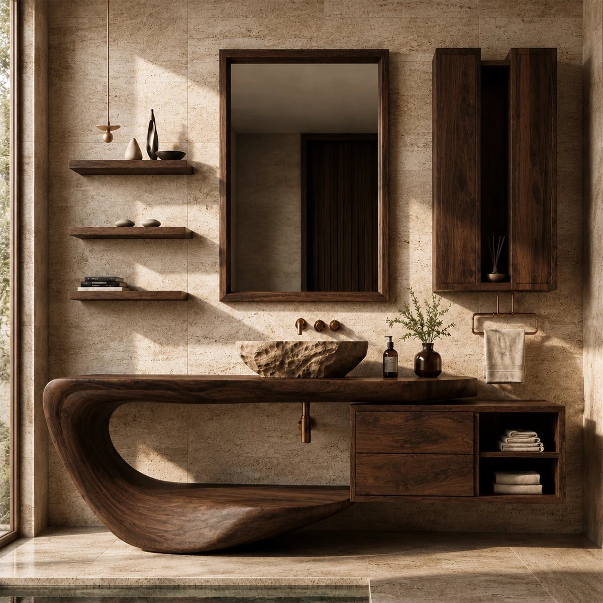 Organic Floating Bathroom Vanity With Sculptural Curved Wood Base & Wall Storage