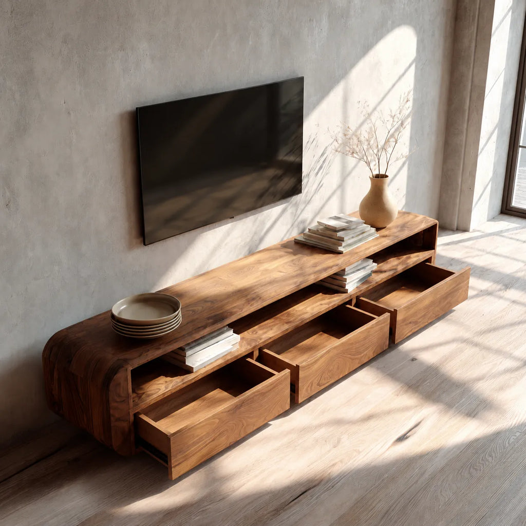 Rounded Natural Solid Wood TV Stand with Open Shelf and Drawer Storage