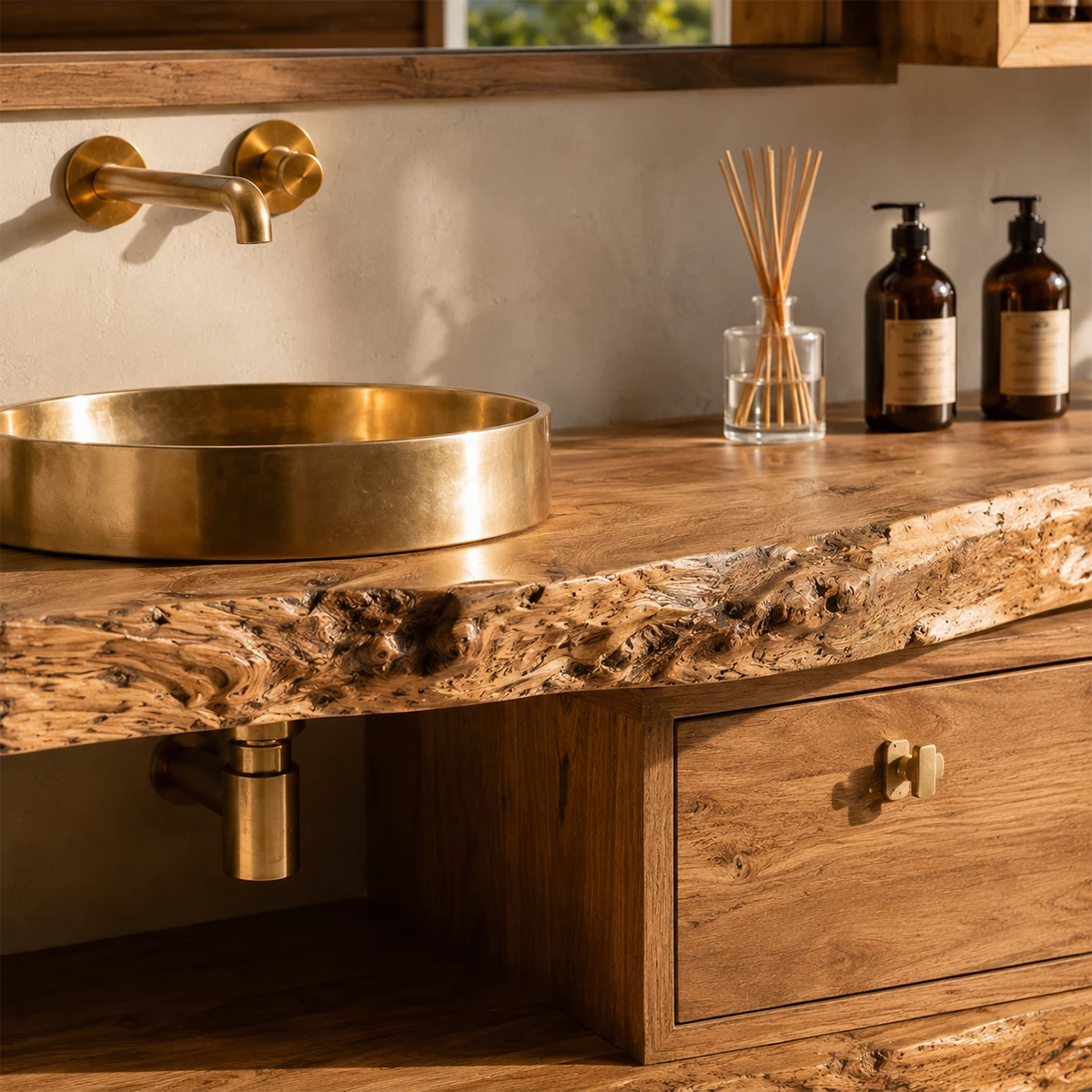 Live Edge Floating Bathroom Vanity With Solid Wood Drawers & Open Shelf
