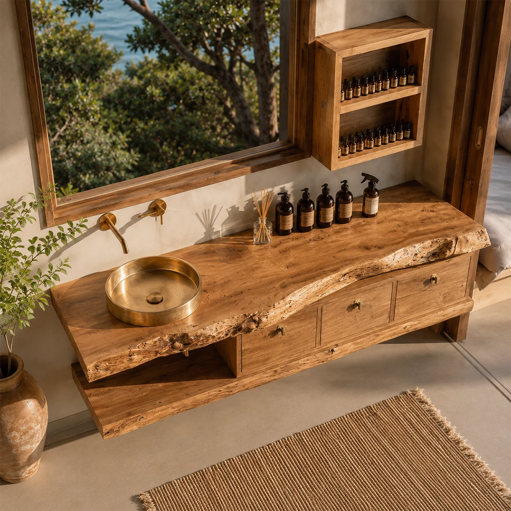 Live Edge Floating Bathroom Vanity With Solid Wood Drawers & Open Shelf
