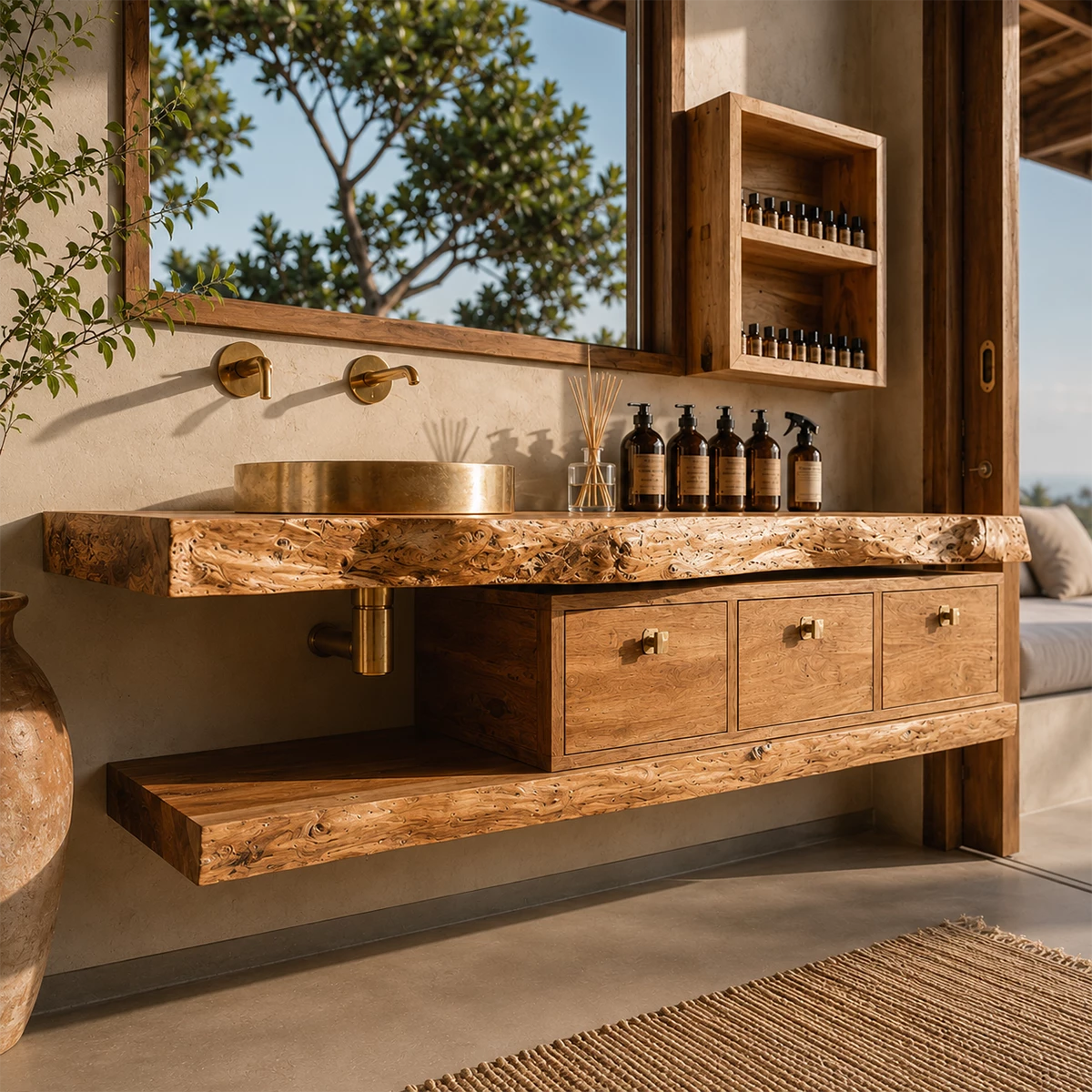 Live Edge Floating Bathroom Vanity With Solid Wood Drawers & Open Shelf