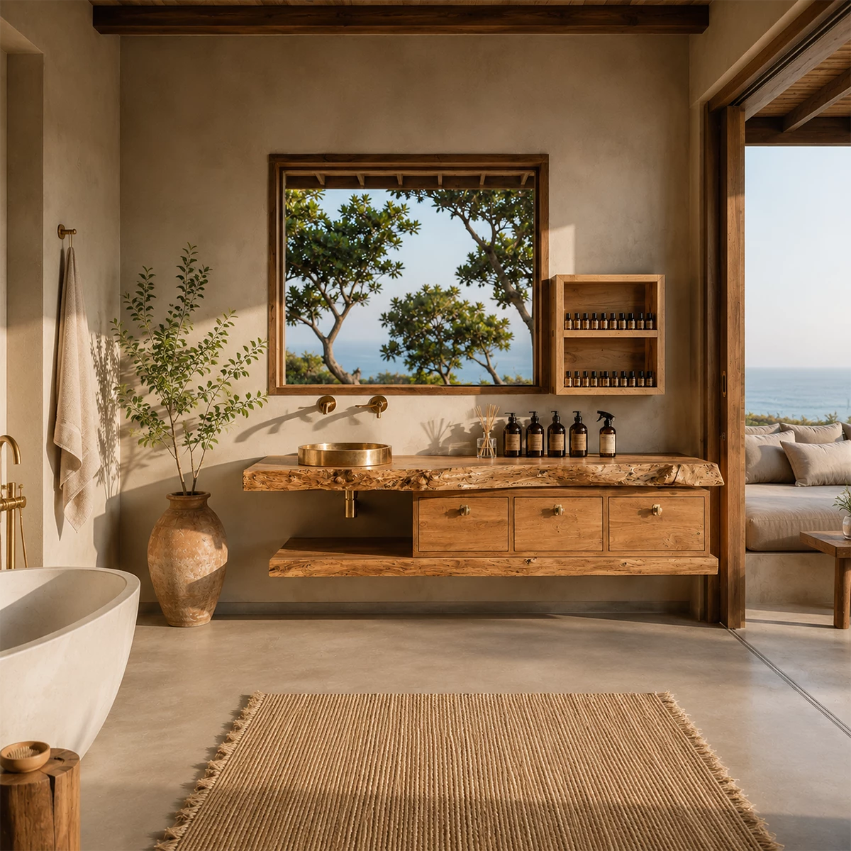 Live Edge Floating Bathroom Vanity With Solid Wood Drawers & Open Shelf
