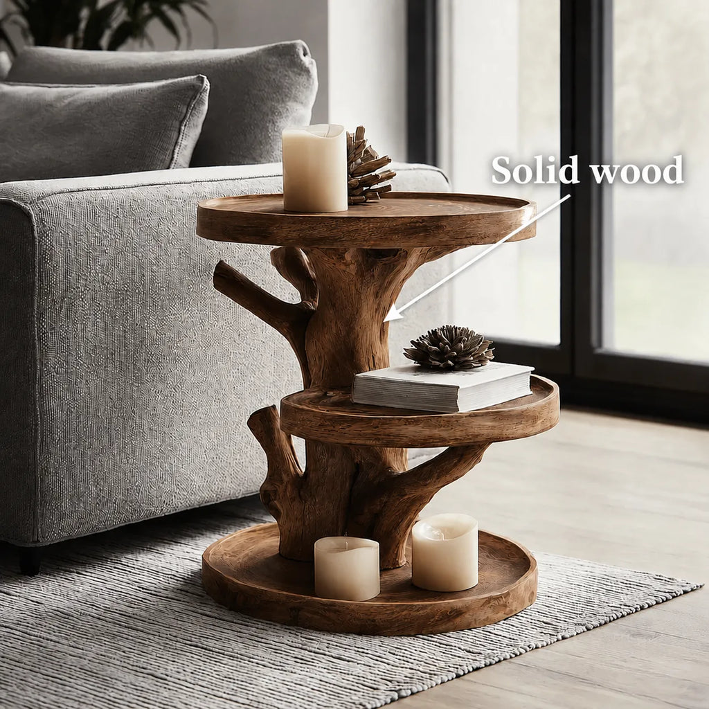 Tiered Natural Solid Wood Side Table with Tree Branch Base