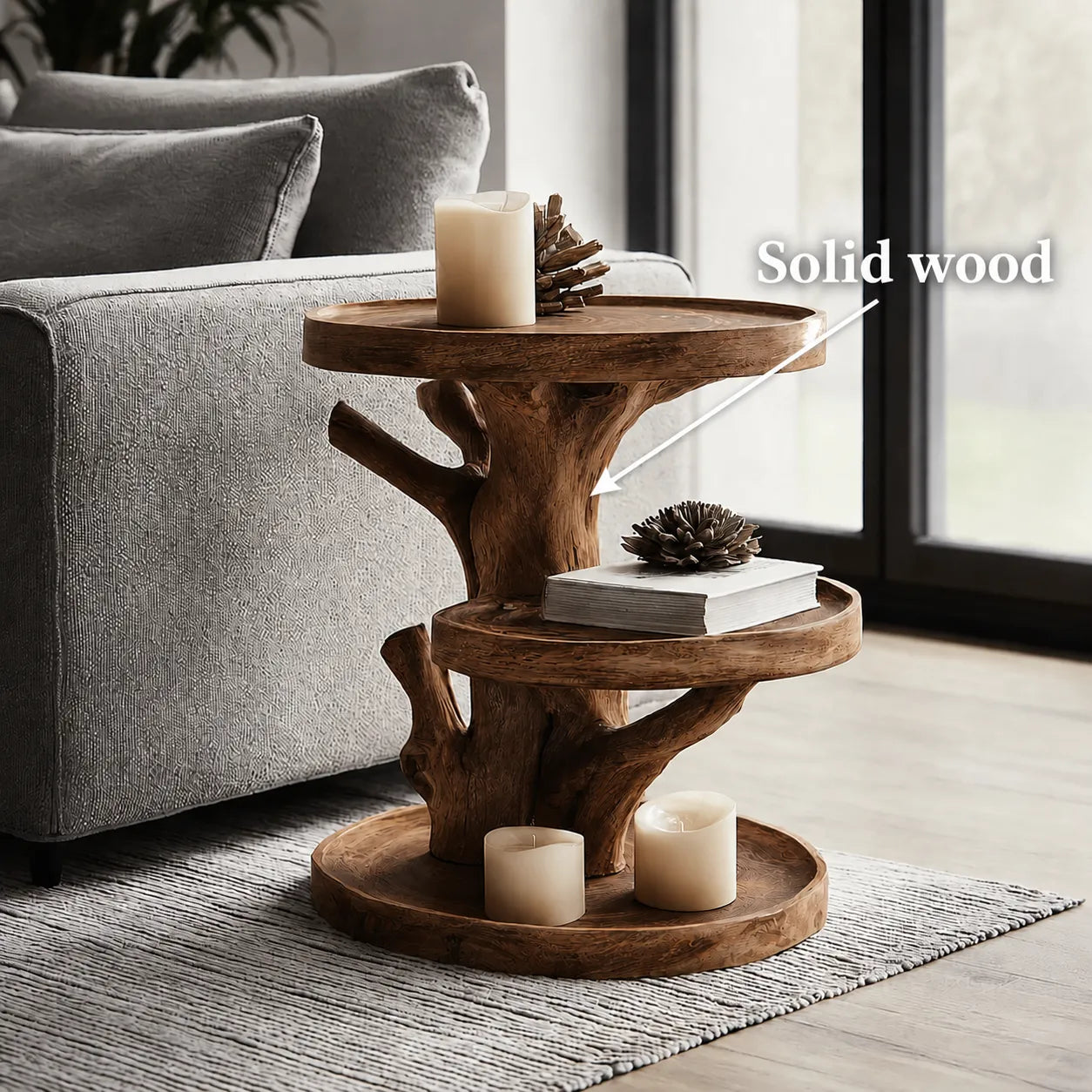 Tiered Natural Solid Wood Side Table with Tree Branch Base