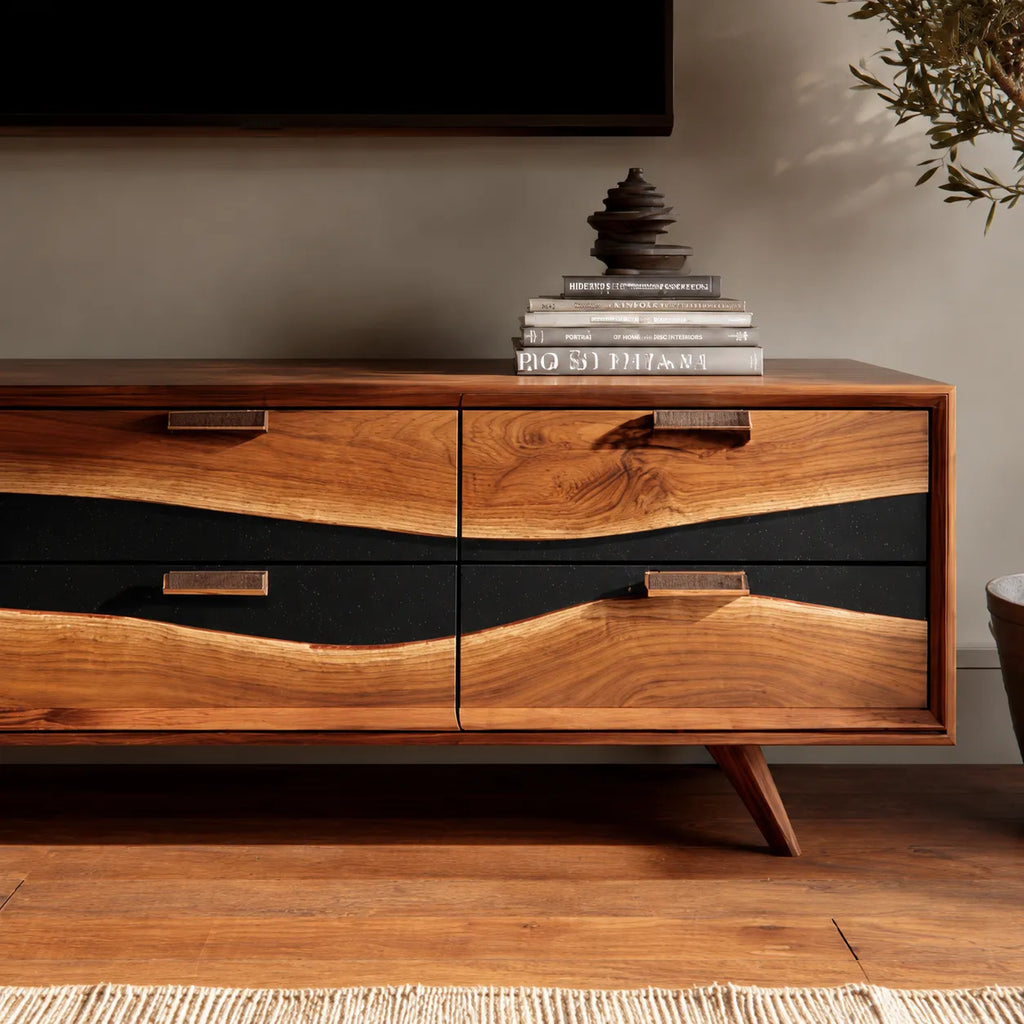 Wave Front Natural Solid Wood TV Stand with Six Drawer Storage