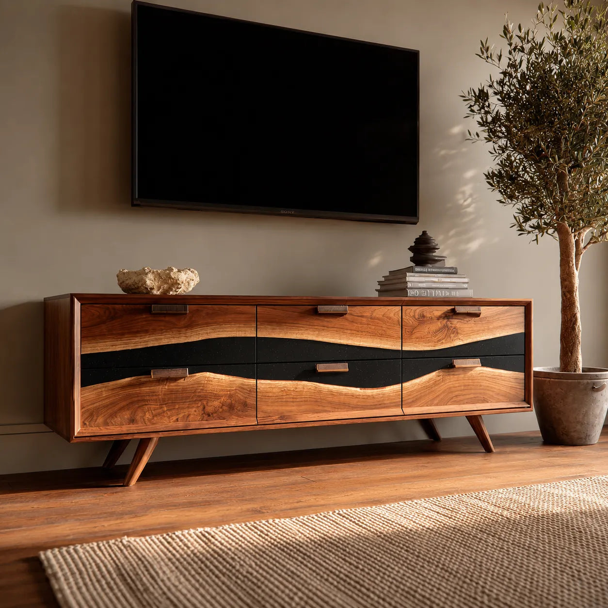 Wave Front Natural Solid Wood TV Stand with Six Drawer Storage